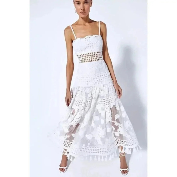 NWT $880 Alexis Legends Macrame White Fit and Flare Maxi Dress Ss L Boho… - Picture 2 of 16